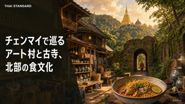 チェンマイのアート村、古寺、北部の食文化を描いたAIイメージ