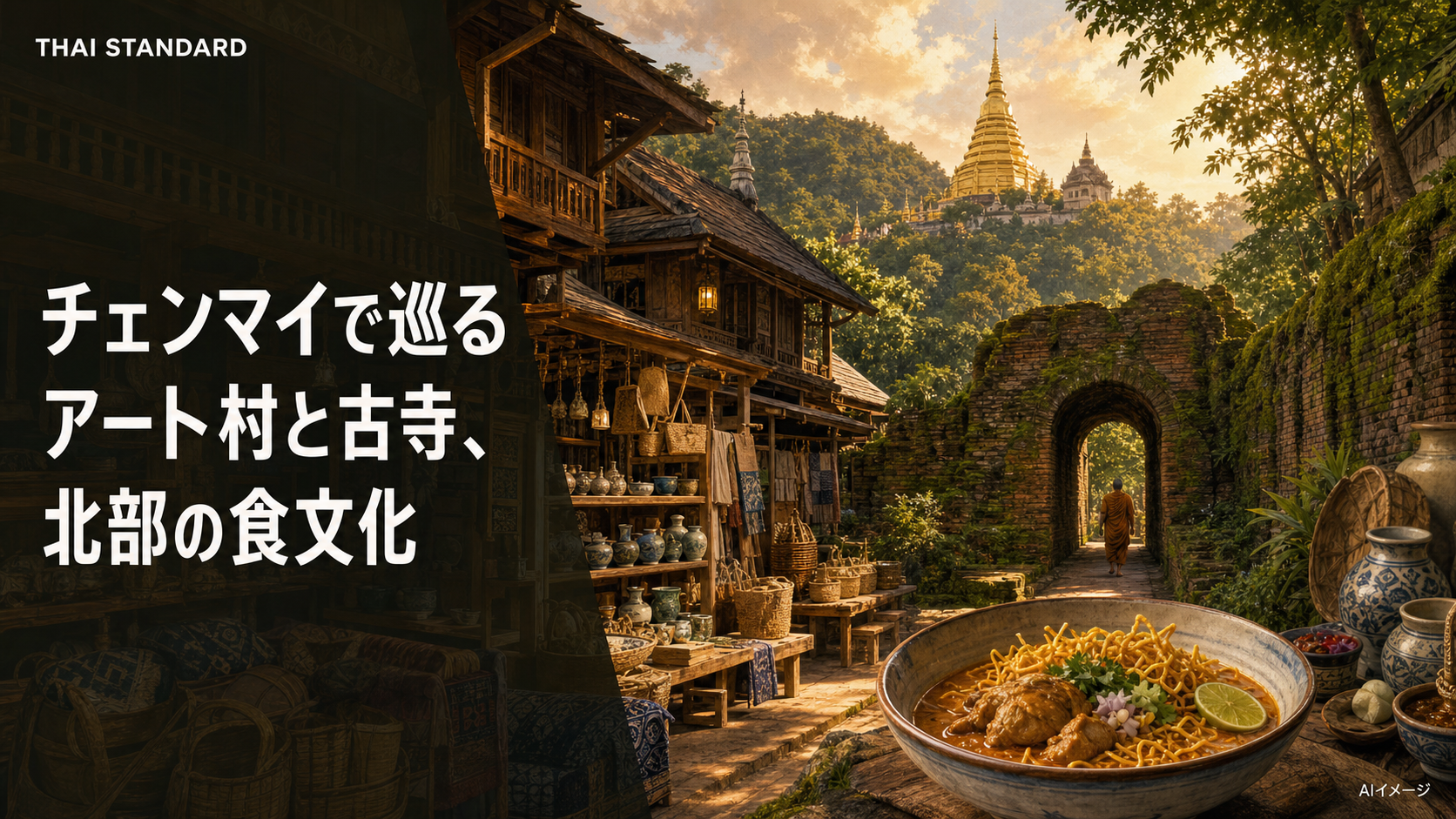 チェンマイのアート村、古寺、北部の食文化を描いたAIイメージ
