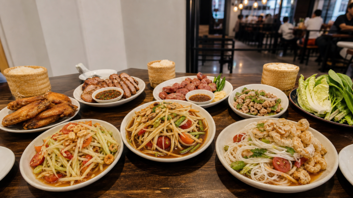 ソムタムヌアの多彩なソムタムとイサーン料理が並ぶ食卓