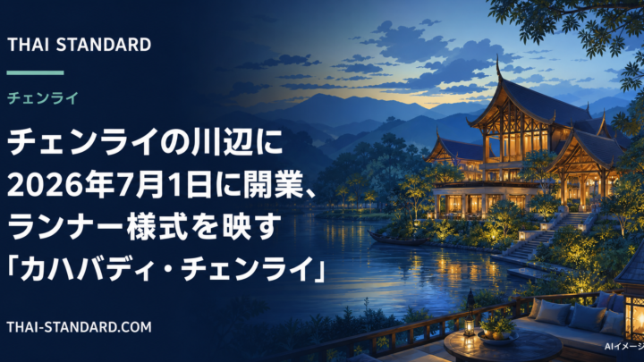 チェンライの川辺に建つランナー様式のホテルを描いたAIイメージ