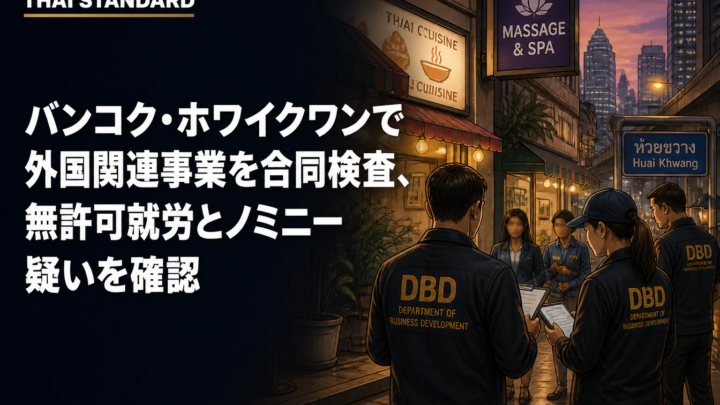 バンコク・ホワイクワンで外国関連事業を合同検査、無許可就労とノミニー疑いを確認を描いたAIイメージ