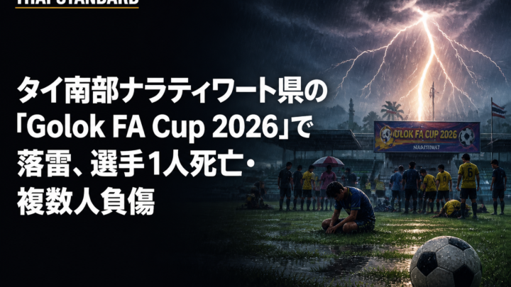 タイ南部ナラティワート県の「Golok FA Cup 2026」で落雷、選手1人死亡・複数人負傷を描いたAIイメージ