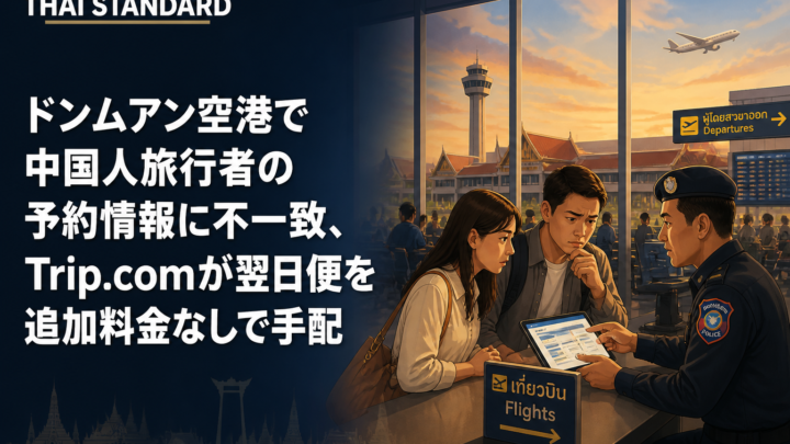 ドンムアン空港で中国人旅行者の予約情報に不一致、Trip.comが翌日便を追加料金なしで手配を描いたAIイメージ