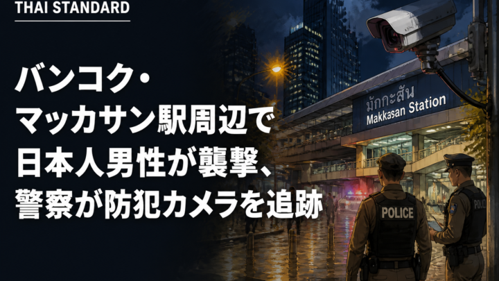 バンコク・マッカサン駅周辺で日本人男性が襲撃、警察が防犯カメラを追跡を描いたAIイメージ