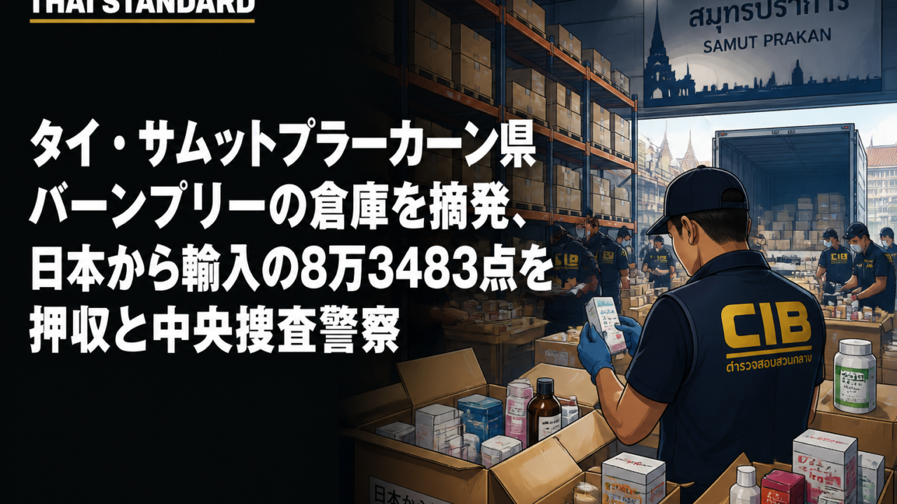 タイ・サムットプラーカーン県バーンプリーの倉庫を摘発、日本から輸入の8万3483点を押収と中央捜査警察を描いたAIイメージ