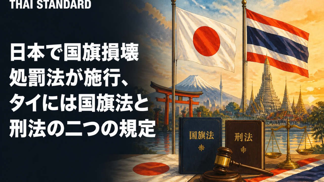日本で国旗損壊処罰法が施行、タイには国旗法と刑法の二つの規定を描いたAIイメージ