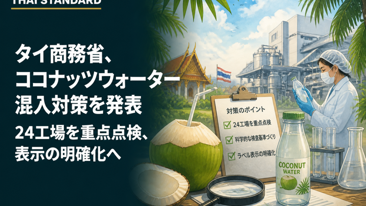 タイ商務省、ココナッツウォーター混入対策を発表 24工場を重点点検、表示の明確化へを描いたAIイメージ