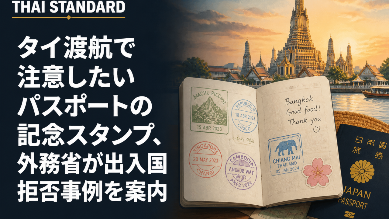 タイ渡航で注意したいパスポートの記念スタンプ、外務省が出入国拒否事例を案内を描いたAIイメージ