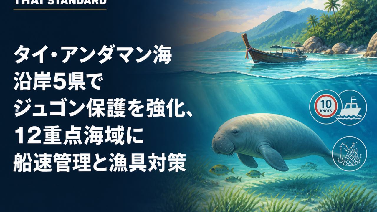タイ・アンダマン海沿岸5県でジュゴン保護を強化、12重点海域に船速管理と漁具対策を描いたAIイメージ