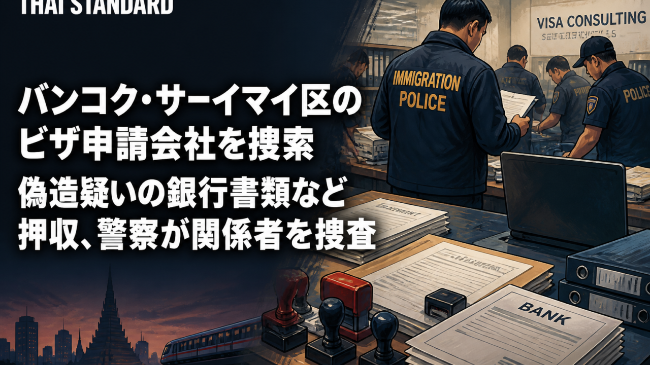バンコク・サーイマイ区のビザ申請会社を捜索 偽造疑いの銀行書類など押収、警察が関係者を捜査を描いたAIイメージ