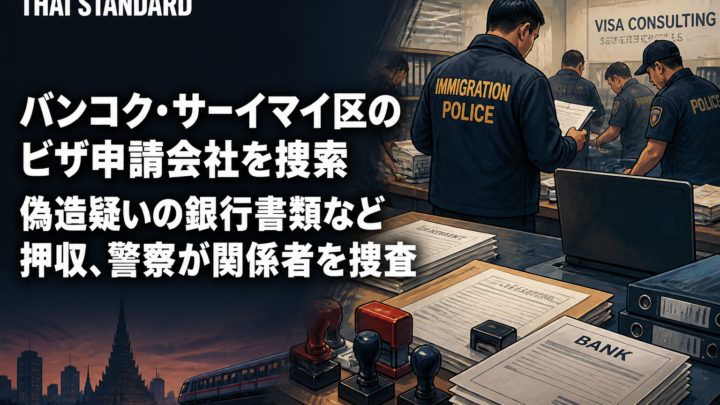 バンコク・サーイマイ区のビザ申請会社を捜索　偽造疑いの銀行書類など押収、警察が関係者を捜査を描いたAIイメージ