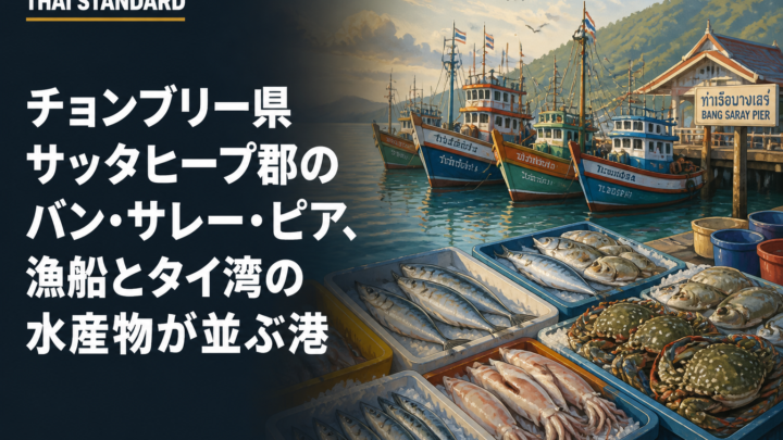 チョンブリー県サッタヒープ郡のバン・サレー・ピア、漁船とタイ湾の水産物が並ぶ港を描いたAIイメージ