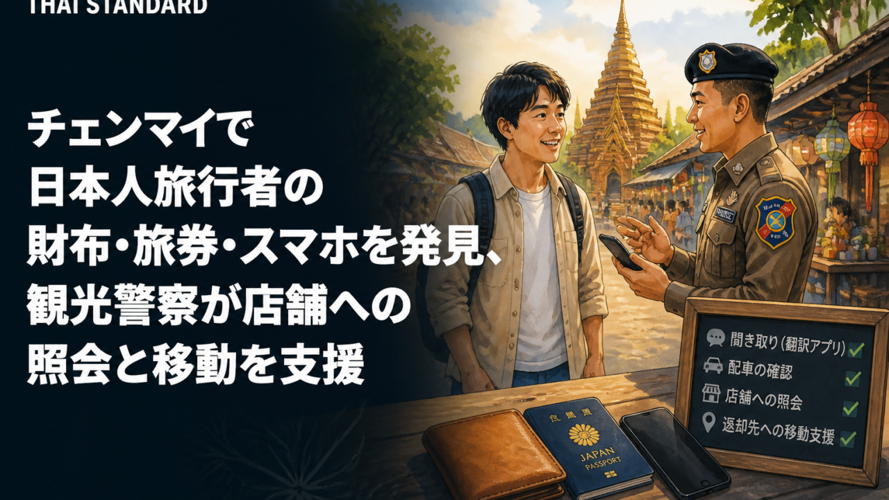 チェンマイで日本人旅行者の財布・旅券・スマホを発見、観光警察が店舗への照会と移動を支援を描いたAIイメージ