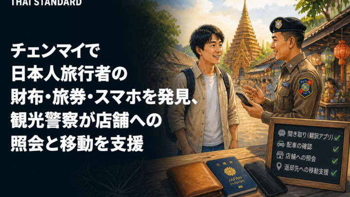 チェンマイで日本人旅行者の財布・旅券・スマホを発見、観光警察が店舗への照会と移動を支援を描いたAIイメージ