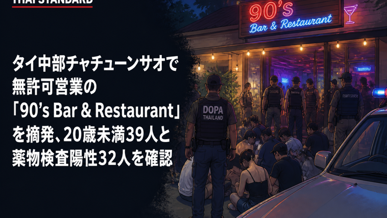 タイ中部チャチューンサオで無許可営業の「90’s Bar & Restaurant」を摘発、20歳未満39人と薬物検査陽性32人を確認を描いたAIイメージ