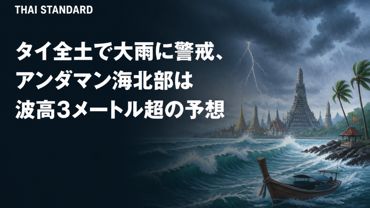タイ全土で大雨に警戒、アンダマン海北部は波高3メートル超の予想を描いたAIイメージ