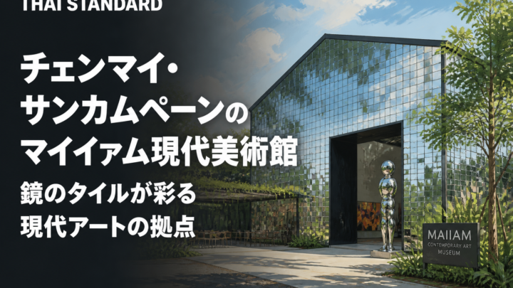 チェンマイ・サンカムペーンのマイイァム現代美術館　鏡のタイルが彩る現代アートの拠点を描いたAIイメージ