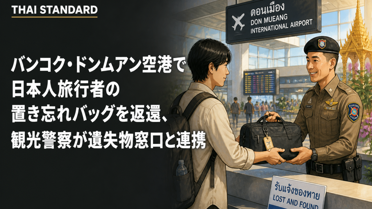 バンコク・ドンムアン空港で日本人旅行者の置き忘れバッグを返還、観光警察が遺失物窓口と連携を描いたAIイメージ