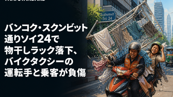 バンコク・スクンビット通りソイ24で物干しラック落下、バイクタクシーの運転手と乗客が負傷を描いたAIイメージ