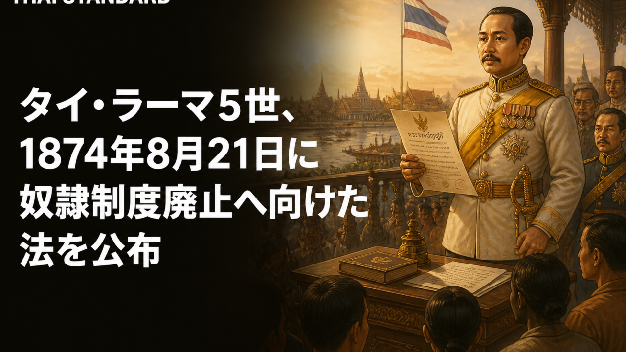 タイ・ラーマ5世、1874年8月21日に奴隷制度廃止へ向けた法を公布を描いたAIイメージ