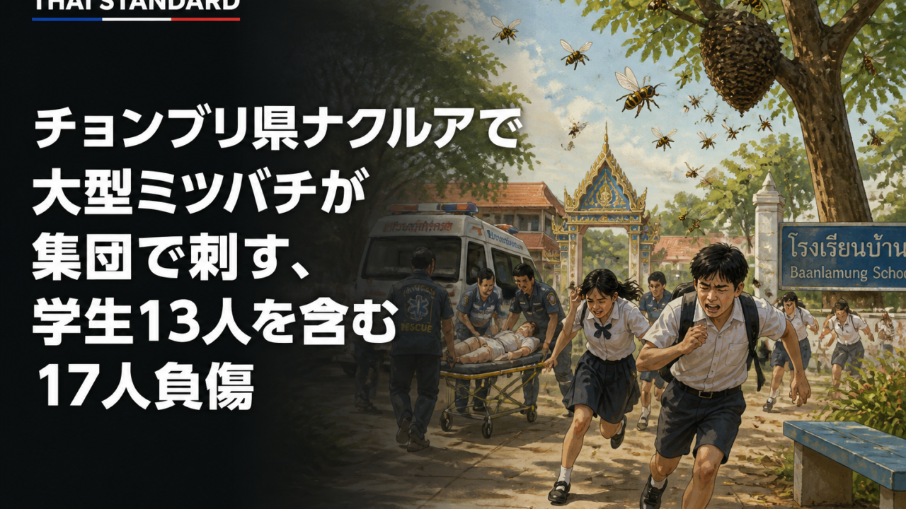 チョンブリ県ナクルアで大型ミツバチが集団で刺す、学生13人を含む17人負傷を描いたAIイメージ