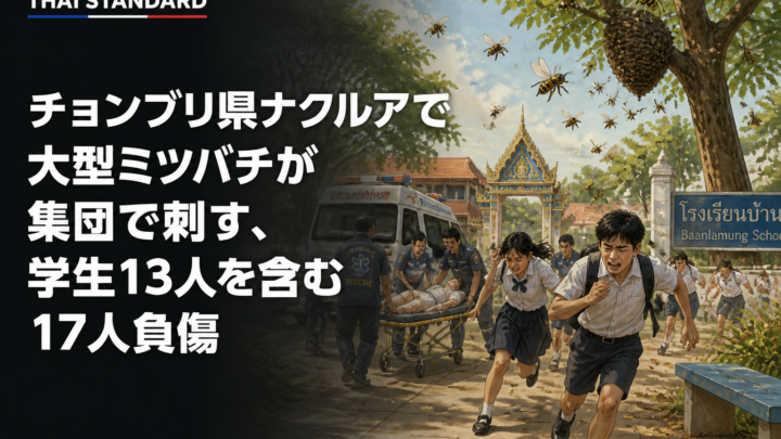 チョンブリ県ナクルアで大型ミツバチが集団で刺す、学生13人を含む17人負傷を描いたAIイメージ