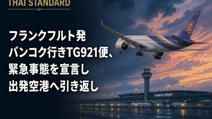 フランクフルト発バンコク行きTG921便、緊急事態を宣言し出発空港へ引き返しを描いたAIイメージ