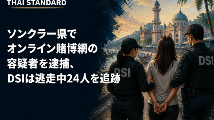 ソンクラー県でオンライン賭博網の容疑者を逮捕、DSIは逃走中24人を追跡を描いたAIイメージ