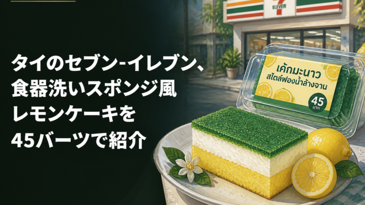 タイのセブン-イレブン、食器洗いスポンジ風レモンケーキを45バーツで紹介を描いたAIイメージ