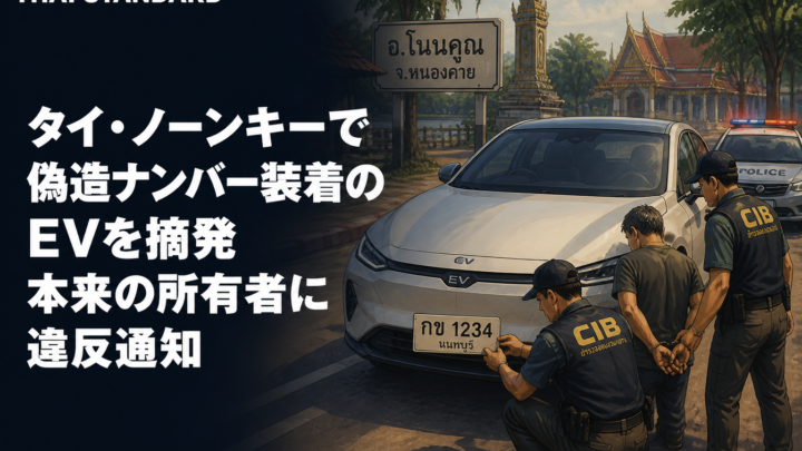 タイ・ノーンキーで偽造ナンバー装着のEVを摘発　本来の所有者に違反通知を描いたAIイメージ