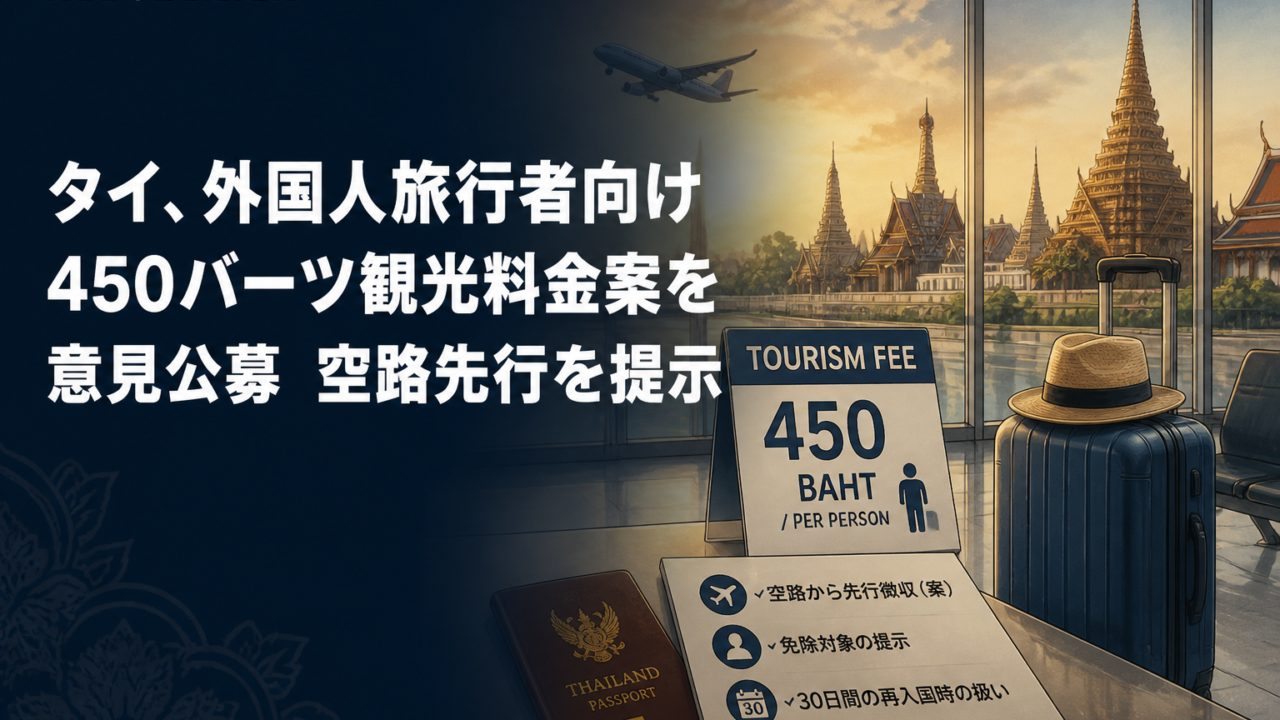 タイ、外国人旅行者向け450バーツ観光料金案を意見公募 空路先行を提示を描いたAIイメージ