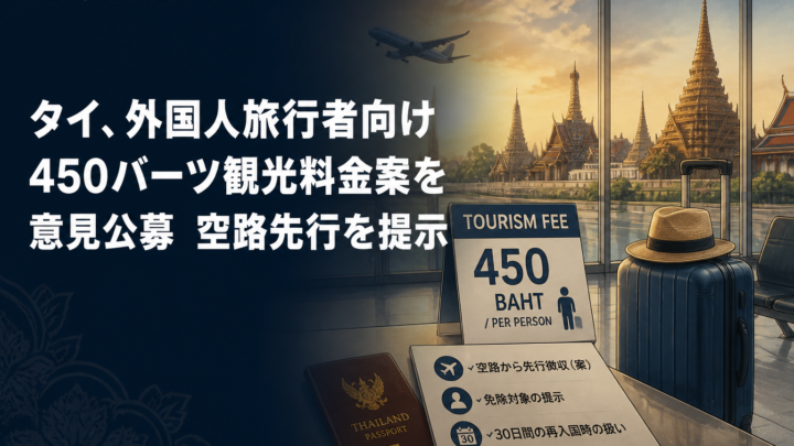 タイ、外国人旅行者向け450バーツ観光料金案を意見公募　空路先行を提示を描いたAIイメージ
