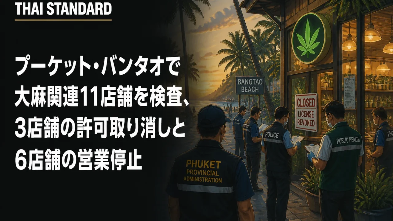 プーケット・バンタオで大麻関連11店舗を検査、3店舗の許可取り消しと6店舗の営業停止を描いたAIイメージ