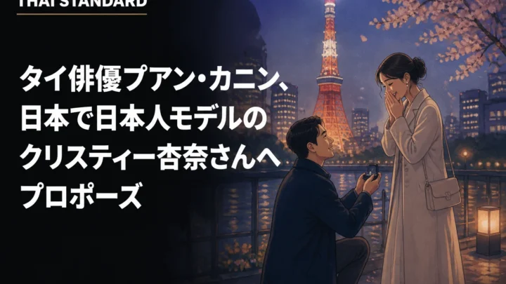 タイ俳優プアン・カニン、日本で日本人モデルのクリスティー杏奈さんへプロポーズを描いたAIイメージ