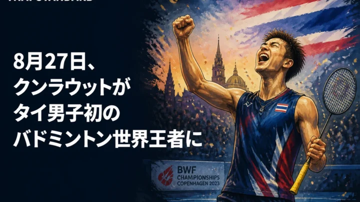 8月27日、クンラウットがタイ男子初のバドミントン世界王者にを描いたAIイメージ