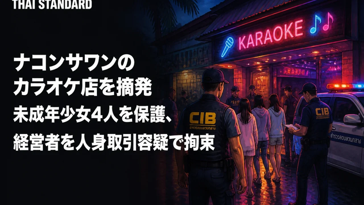 ナコンサワンのカラオケ店を摘発　未成年少女4人を保護、経営者を人身取引容疑で拘束を描いたAIイメージ