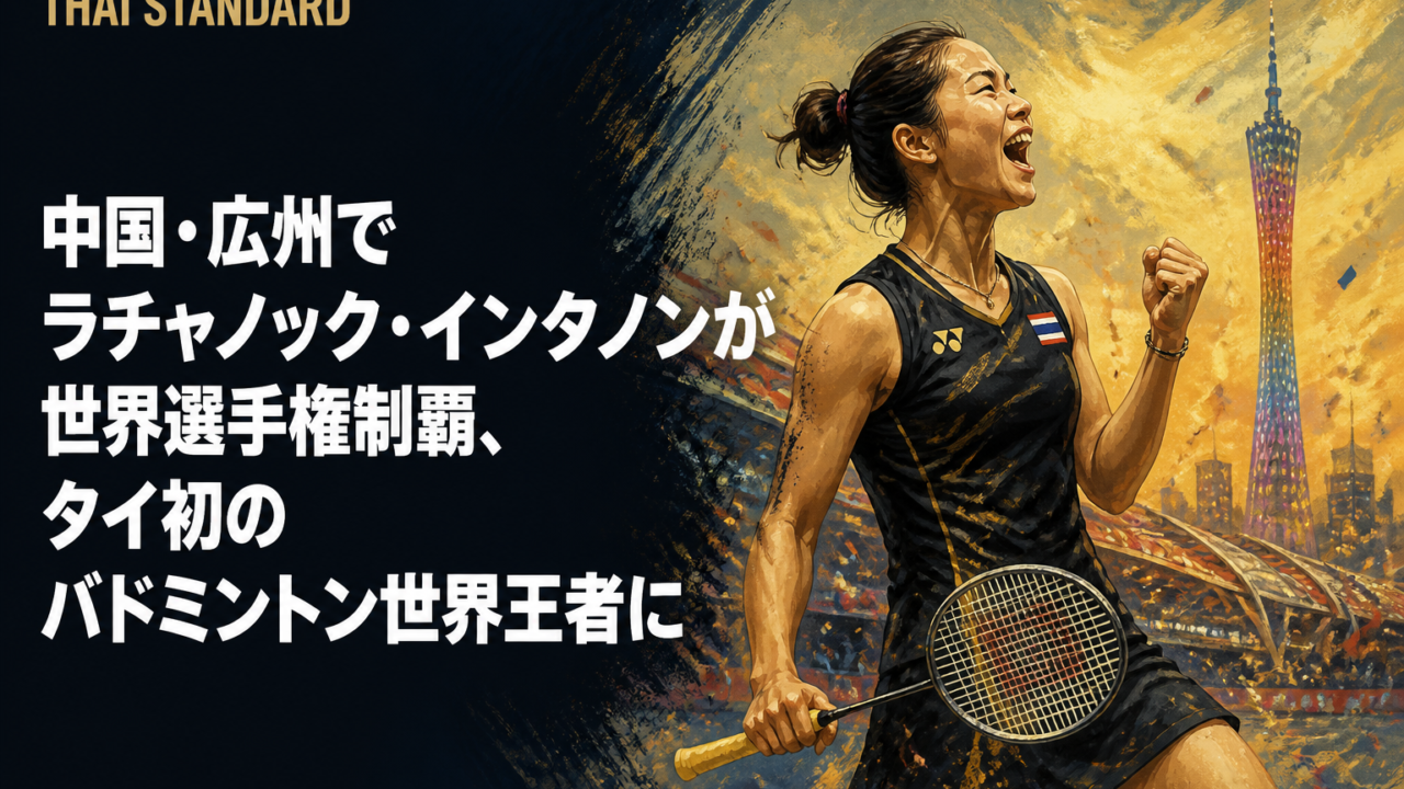 中国・広州でラチャノック・インタノンが世界選手権制覇、タイ初のバドミントン世界王者にを描いたAIイメージ