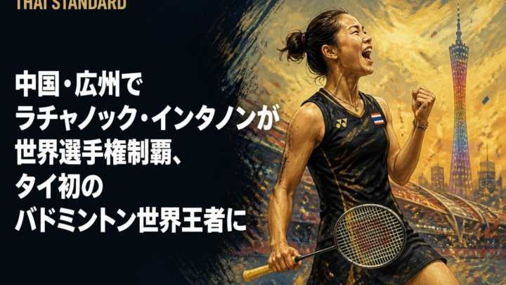 中国・広州でラチャノック・インタノンが世界選手権制覇、タイ初のバドミントン世界王者にを描いたAIイメージ