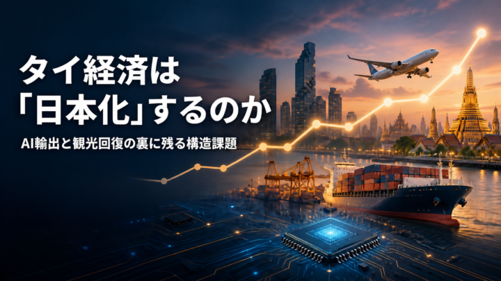 バンコクの街並みと寺院、航空機、貨物船、AI半導体、上昇する経済グラフを描いたタイ経済のイメージ