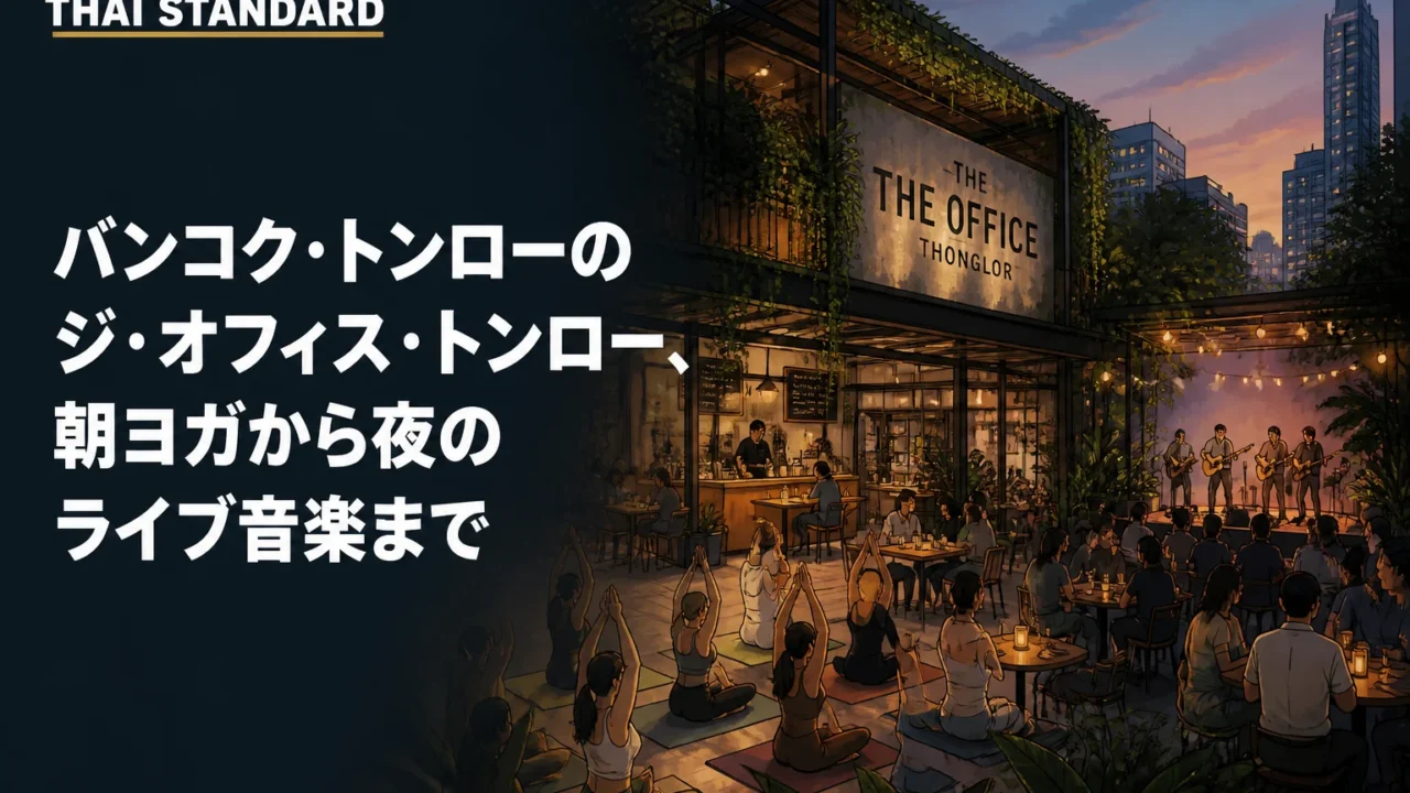 バンコク・トンローのジ・オフィス・トンロー、朝ヨガから夜のライブ音楽までを描いたAIイメージ